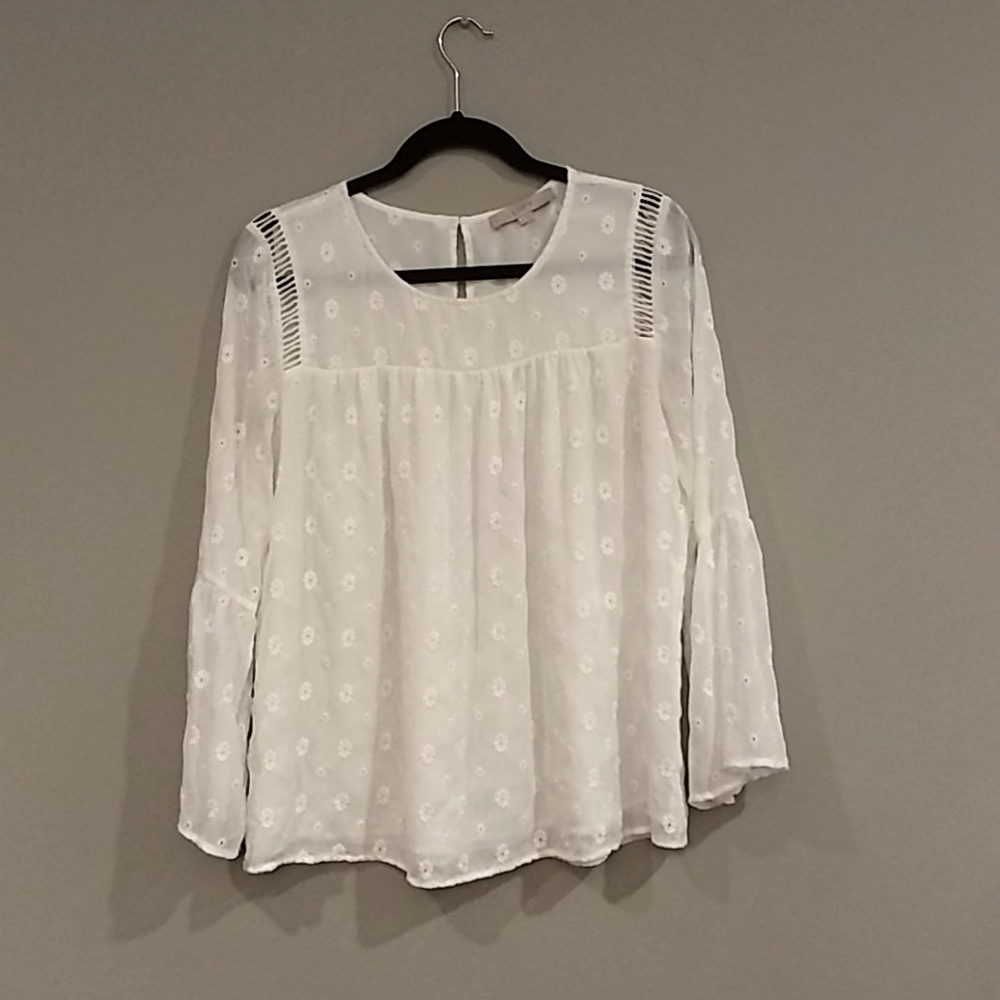 Ann Taylor LOFT White Embroidered Flower Blouse